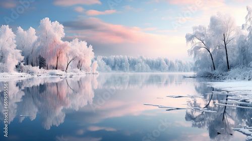 paesaggio alpino finlandese con albero ghiacciato all'alba, lunga esposizione, colori tenui, sensazione magica di inverno romantico