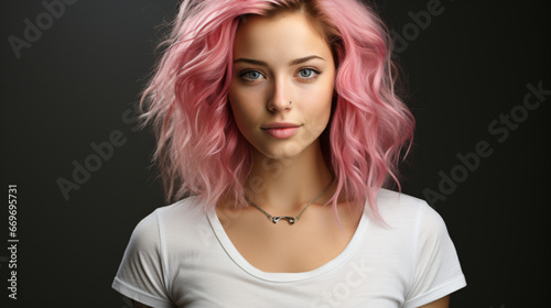 portrait young woman with pink colored hair and white shirt