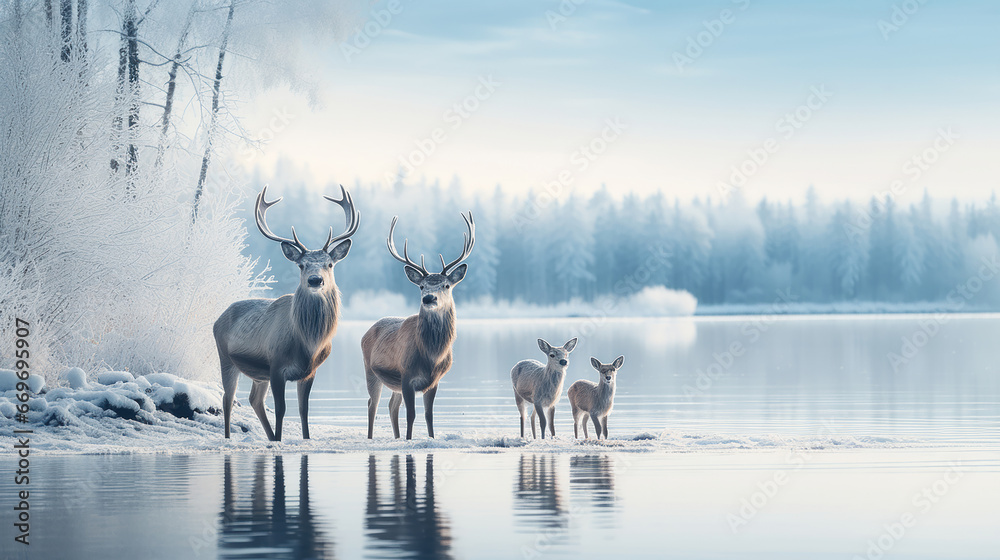 paesaggio alpino finlandese all'alba, con alci e cuccioli , ghiaccio e neve, atmosfera idilliaca, lunga esposizione paesaggio alpino finlandese all'alba, con alci e cuccioli , ghiaccio e neve, atmosfera idilliaca, lunga esposizione