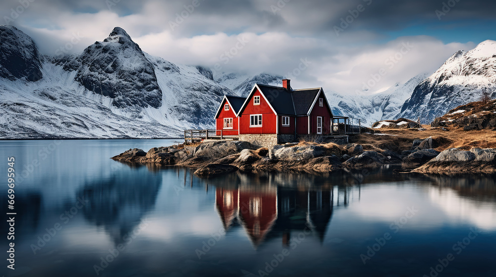  tranquillo paesaggio simmetrico con una casetta rossa in stile norvegese su un lago, lunga esposizione - obrazy, fototapety, plakaty 