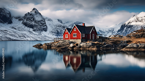  tranquillo paesaggio simmetrico con una casetta rossa in stile norvegese su un lago, lunga esposizione photo