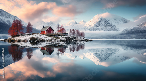  tranquillo paesaggio simmetrico con una casetta rossa in stile norvegese su un lago, lunga esposizione photo