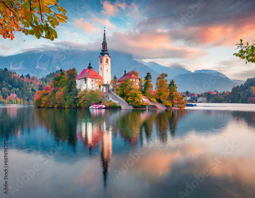 Attractive morning view of Pilgrimage Church of Assumption of Maria. Impressive autumn scene of Bled lake, Julian Alps, Slovenia, Europe. Traveling concept background
