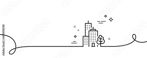 Skyscraper buildings line icon. Continuous one line with curl. City architecture with tree sign. Town symbol. Skyscraper buildings single outline ribbon. Loop curve pattern. Vector