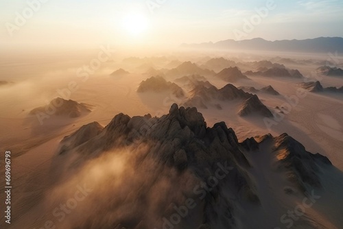A breathtaking aerial view of a majestic and colorful rocky desert with towering rock formations and giant sandstorms during the morning, exuding a touch of fantasy and capturing. Generative AI © Titania