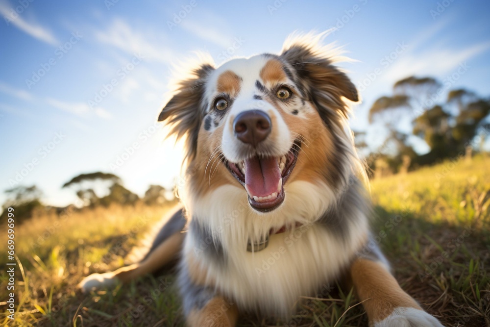 a smiling australian shepherd sits cutely in front of the camera with a wide-open mouth. Generative AI