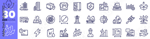 Exhaust, Paint and Windmill line icons pack. Parcel tracking, Open door, Circle area web icon. Power, Consumption growth, Rise price pictogram. Send box, Cable section, Gas price. Vector