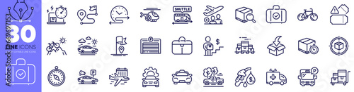 Car travel, Bicycle and Petrol station line icons pack. Bus parking, Parking security, Mountain bike web icon. Inventory cart, Boxes pallet, Flag pictogram. Delivery online. Vector