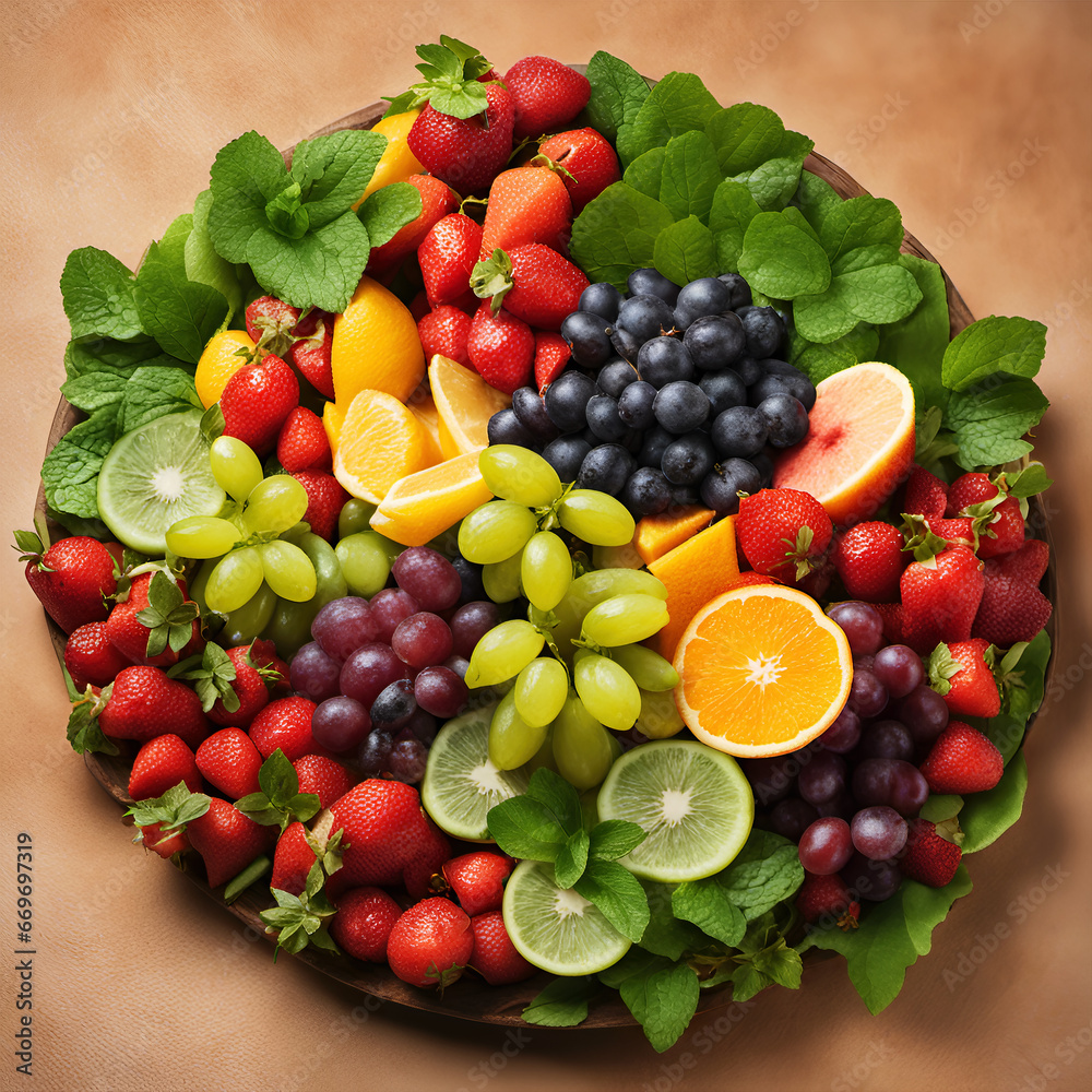Top view of various fruit on plate, generative ai illustration Top view of various fruit on plate, generative ai illustration