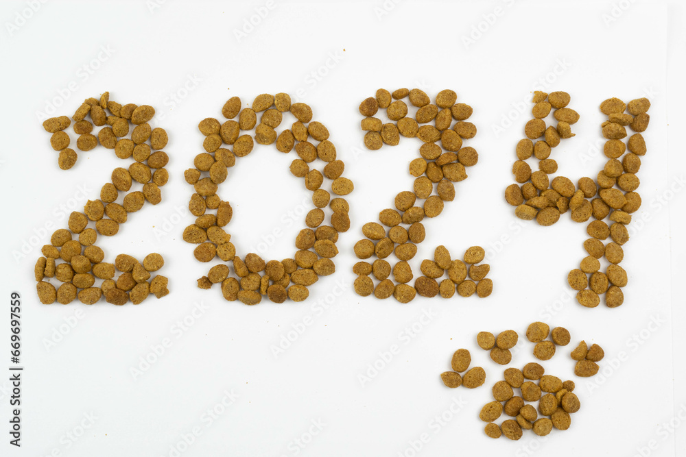 Year 2024 written with granule cat food. White background. Year 2024 written with granule cat food. White background.