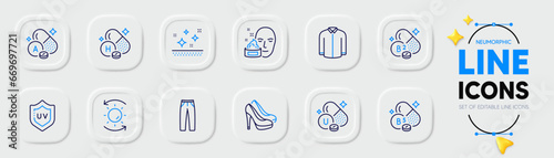 Riboflavin vitamin, Sun protection and Vitamin u line icons for web app. Pack of Clean skin, Shoes, Uv protection pictogram icons. Shirt, Face cream, Pantothenic acid signs. Pants. Vector