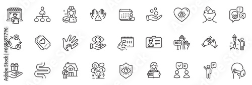 Icons pack as Depression treatment, Agent and Medical mask line icons for app include Delivery market, Cyber attack, Nurse outline thin icon web set. Difficult stress, Management. Vector