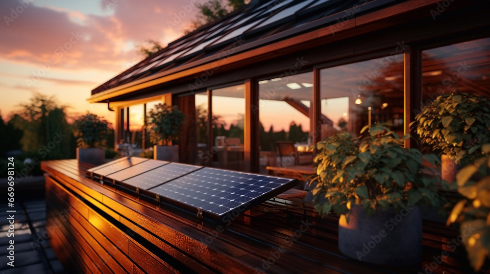 Illustration of a house with solar panels. Alternative energy, ecology, electricity. Wallpaper, background.