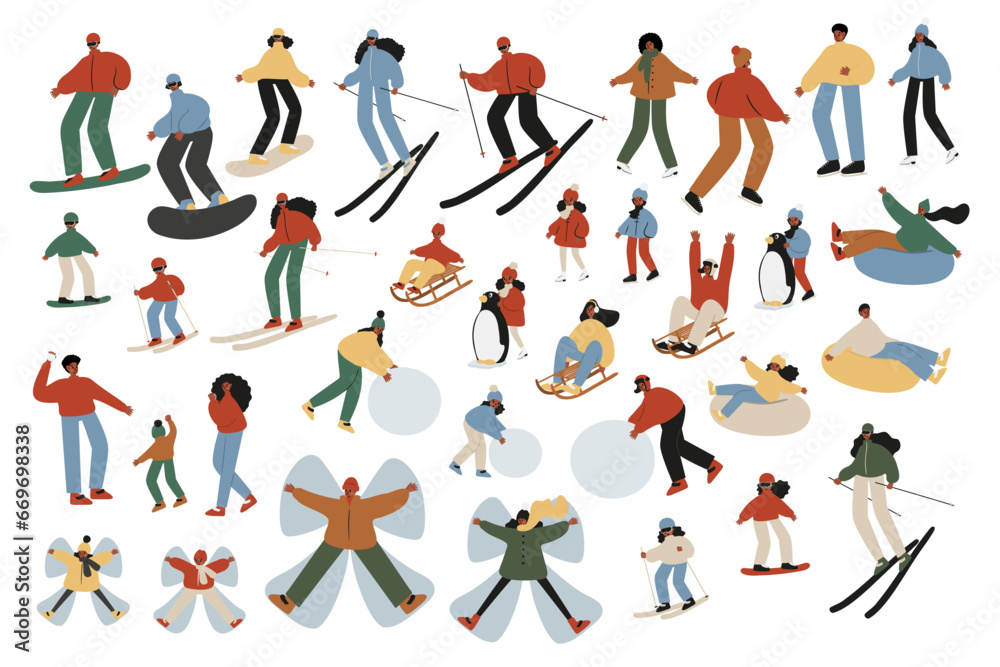 Set of winter season activities illustrations, people skiing, snowboarding, ice skating, sledding, tubing, playing snowballs, building snowman, making snow angel vector clipart, flat style images.