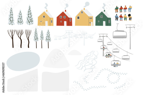 Set of Winter snowy landscape clipart, scene background vector illustration, forest scenery wall art print, mountain village printable poster, winter season digital download card, house flat style