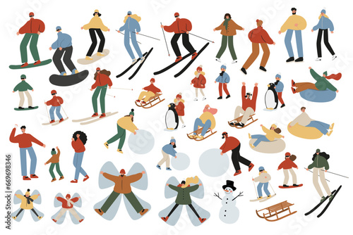 Set of winter season activities illustrations, people skiing, snowboarding, ice skating, sledding, tubing, playing snowballs, building snowman, making snow angel vector clipart, flat style images.