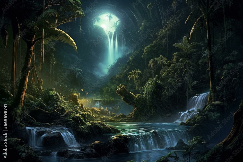 Nighttime waterfall in rainforest, illuminated by moonlight. Generative AI