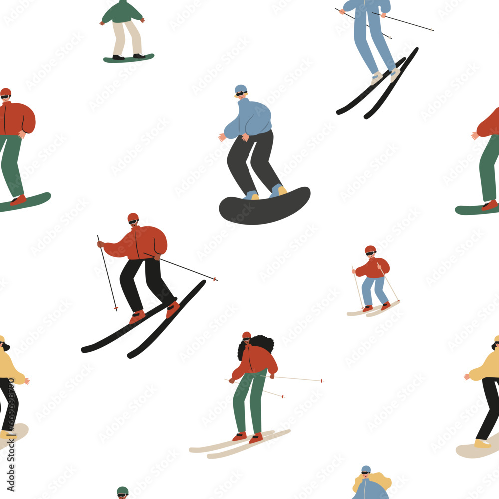 Winter season seamless pattern, people skiing, snowboarding, ice skating, making snow angel digital paper, winter activities scrapbook paper, snovy forest background, vector illustration clipart. Winter season seamless pattern, people skiing, snowboarding, ice skating, making snow angel digital paper, winter activities scrapbook paper, snovy forest background, vector illustration clipart.