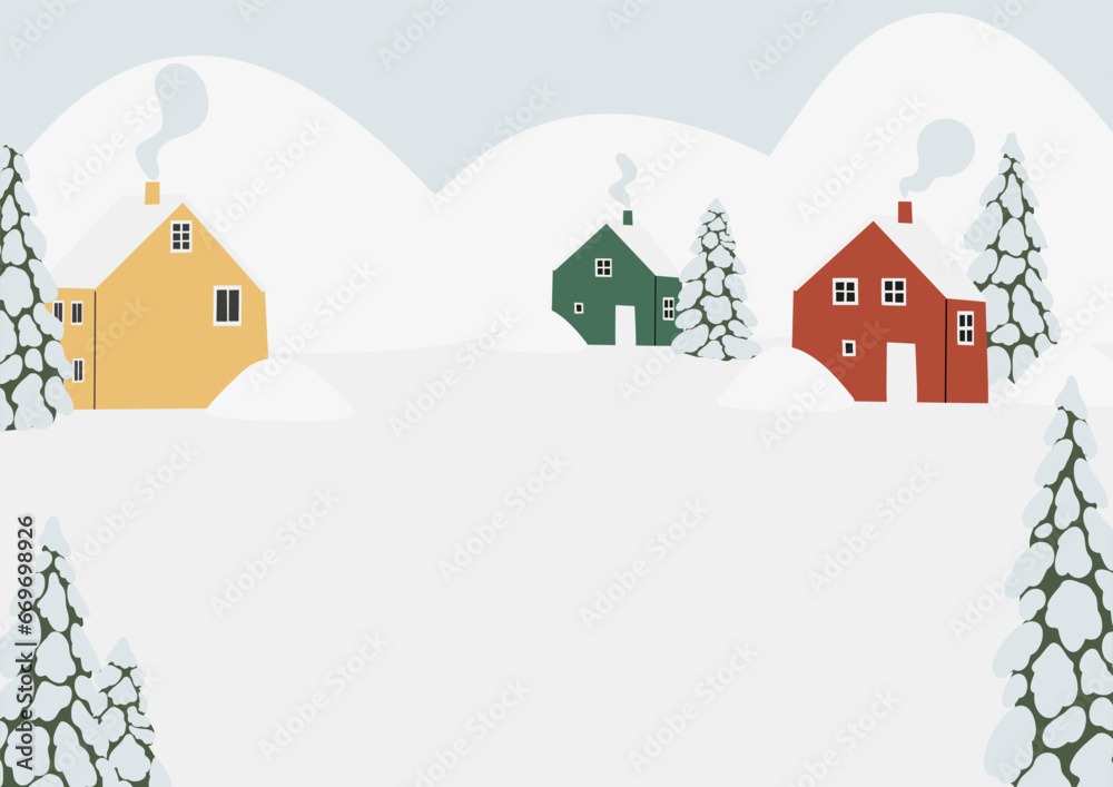 Winter snowy landscape clipart, scene background vector illustration, forest scenery wall art print, mountain village printable poster, winter season digital download card, house flat style images.