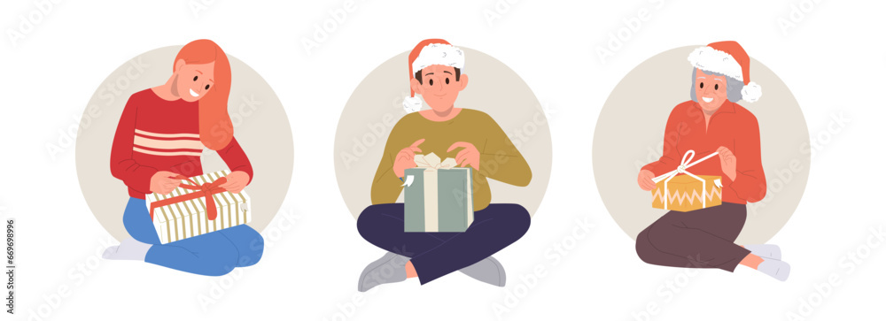 Φωτογραφία Isolated set of round icon composition with happy adult people and children open