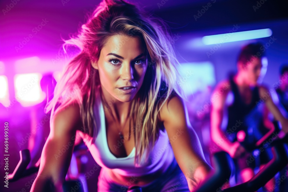 Portrait of beautiful woman working out at gym, running on bicycle and doing fitness exercises. healthy concept with LED lights