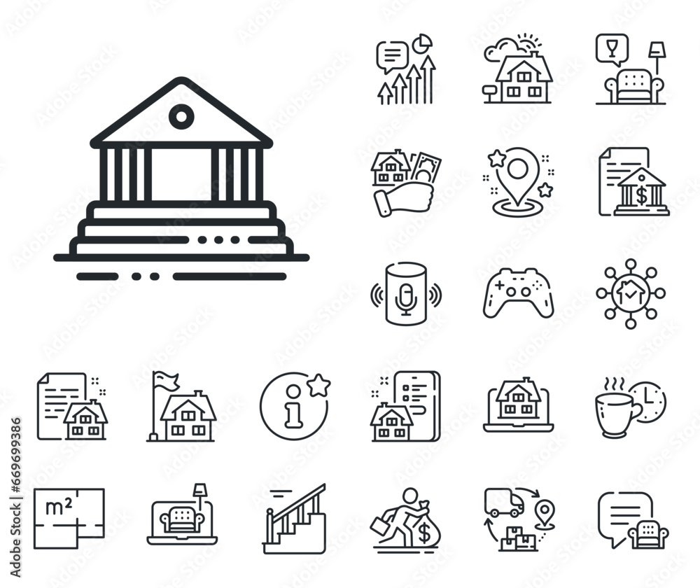 City architecture sign. Floor plan, stairs and lounge room outline icons. Court building line icon. Courthouse, government symbol. Court building line sign. House mortgage, sell building icon. Vector