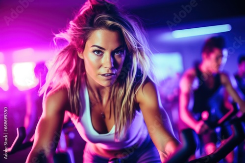 Portrait of beautiful woman working out at gym, running on bicycle and doing fitness exercises. healthy concept with LED lights