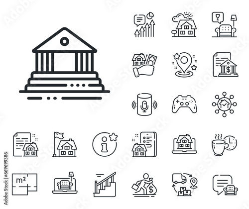 City architecture sign. Floor plan, stairs and lounge room outline icons. Court building line icon. Courthouse, government symbol. Court building line sign. House mortgage, sell building icon. Vector