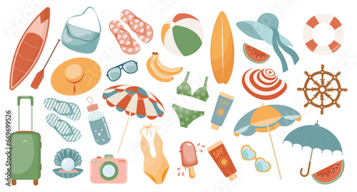 Set of cute summer icons, stickers. Collection of scrapbooking elements for beach party. Tropical vacation. Vector