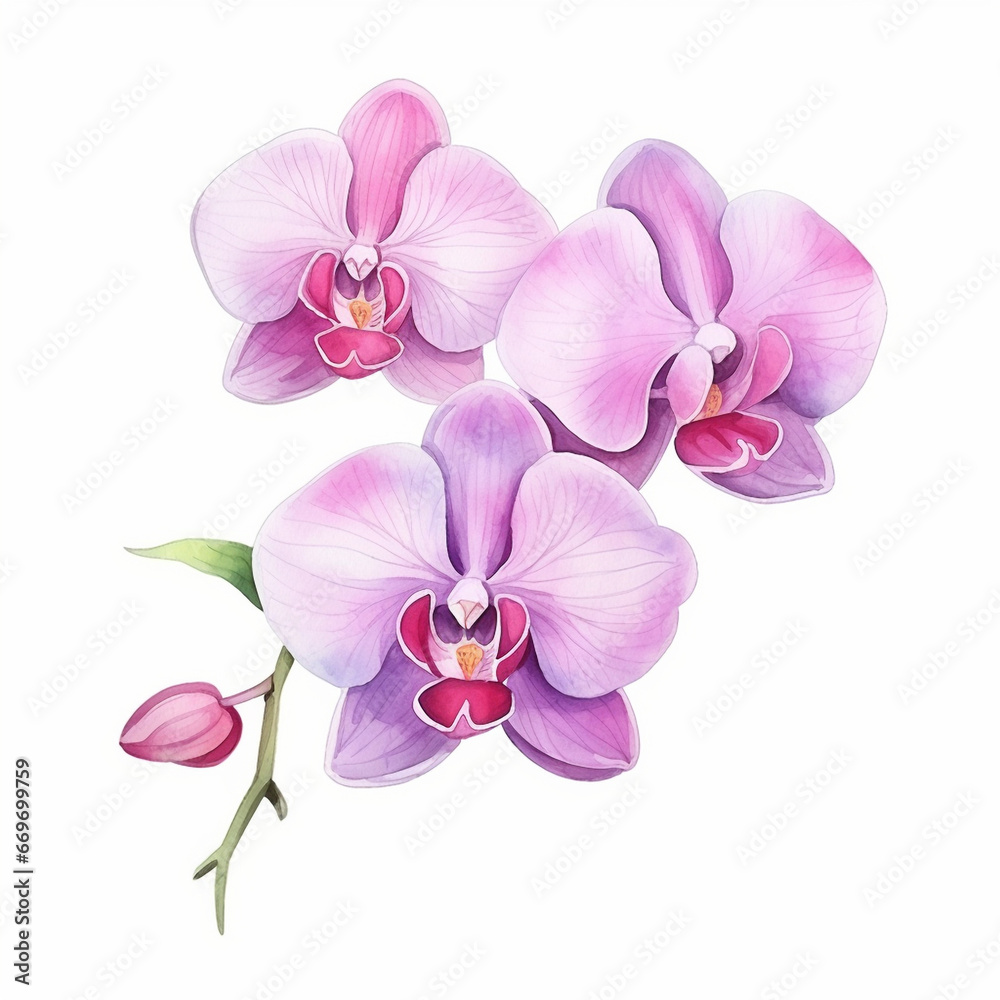 Fototapeta premium Pink orchid flowers branch watercolor paint on white background