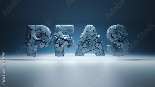 PFAS sign on a blue background - crashing in a small particles conceptual 3D render