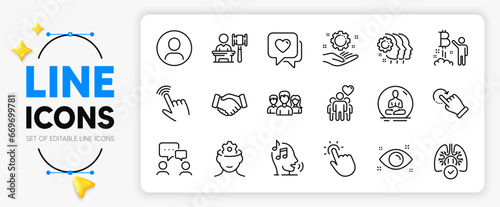 Teamwork, Lungs and Handshake line icons set for app include Heart, Auction, Bitcoin project outline thin icon. Headshot, Employees teamwork, Brain working pictogram icon. Vector