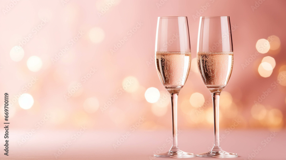 Champagne glasses on a light pink background with lights. Festivity drink Champagne glasses on a light pink background with lights. Festivity drink