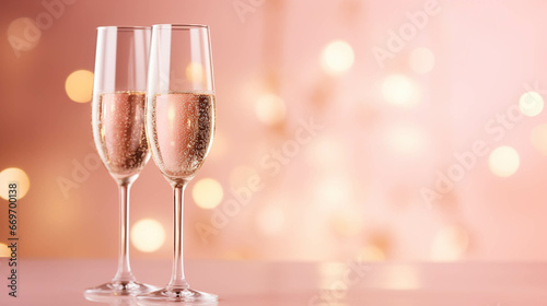 Champagne glasses on a light pink background with lights. Festivity drink