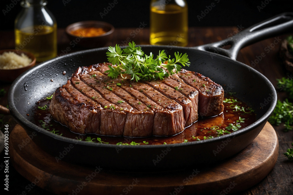 Beautifully juicy pan-fried steak in olive oil, ai generated Beautifully juicy pan-fried steak in olive oil, ai generated