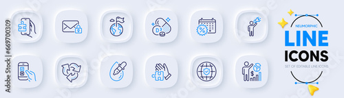 Recycle, Eye drops and Puzzle line icons for web app. Pack of Puzzle game, Cholecalciferol, Mobile survey pictogram icons. Seo statistics, Global insurance, Secure mail signs. Vector