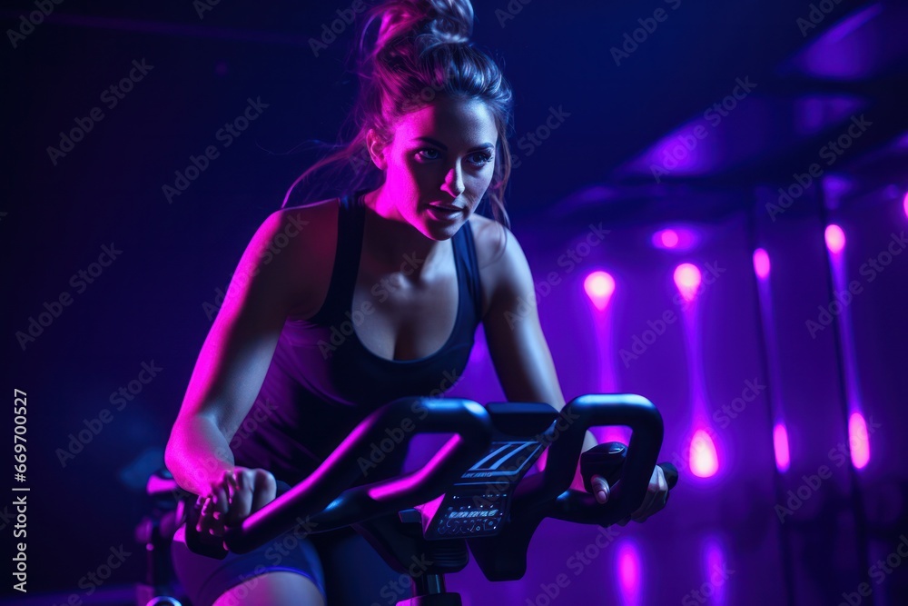 Portrait of sexy woman running on gym bicycle working out at gym, and doing fitness exercises. healthy concept with LED lights Portrait of sexy woman running on gym bicycle working out at gym, and doing fitness exercises. healthy concept with LED lights
