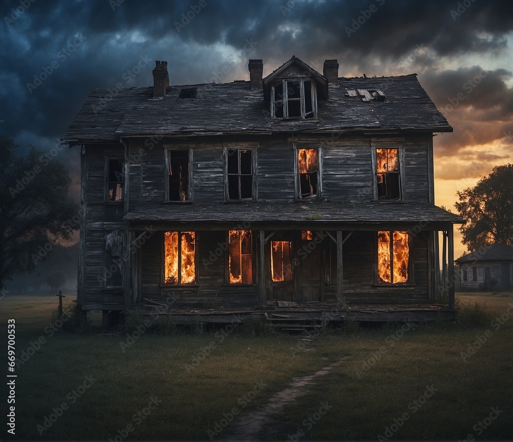 An old house in the village that caught fire at night, ai generated An old house in the village that caught fire at night, ai generated