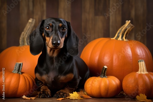 Black dachshund dog near orange pumpkins Halloween autumn card. Pet products store, vet clinic, grooming salon poster banner. photo