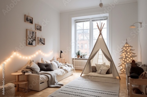 Christmas decorations in minimal Scandinavian kids room interior. Teepee playtent decor in neutral beige color. photo