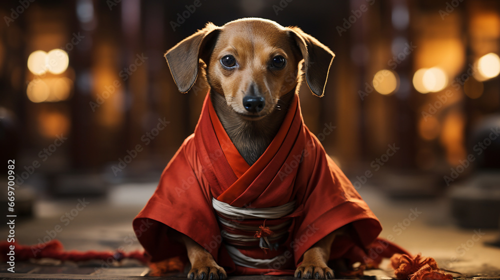Obraz premium Dachshund in a red kimono