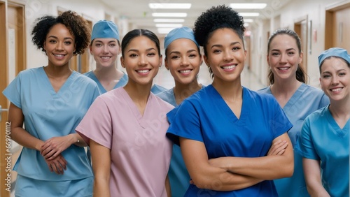 A group of nurses standing inside a hospital hallway