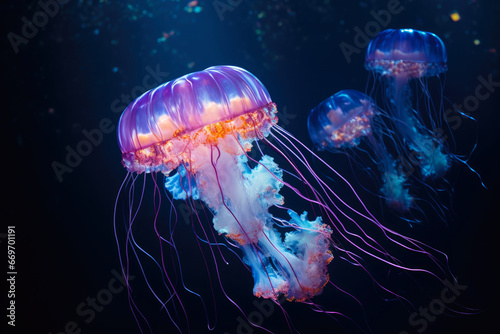 Radiant Sea Nettles Drifting in Abyssal Beauty © Andrii 