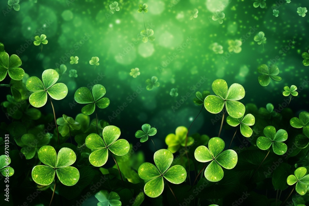 St. Patrick’s Day celebration in Ireland with clover background. Generative AI