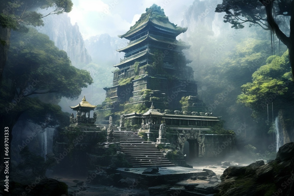 An ancient temple surrounded by nature. Generative AI