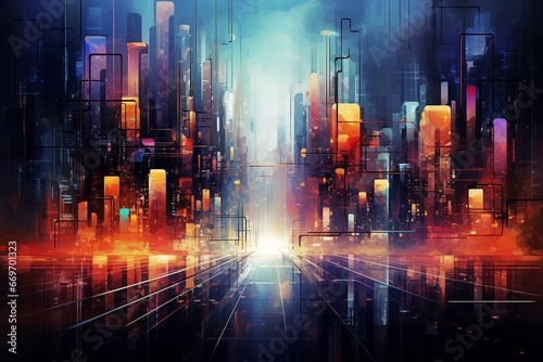 Abstract future cityscape with digital background. Generative AI © Maelle