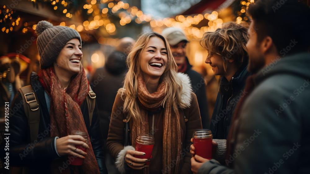 Group of friends having fun and drinking mulled wine on Christmas market Group of friends having fun and drinking mulled wine on Christmas market