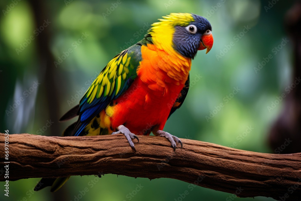 Colorful Tropical Bird on a Rustic Perch