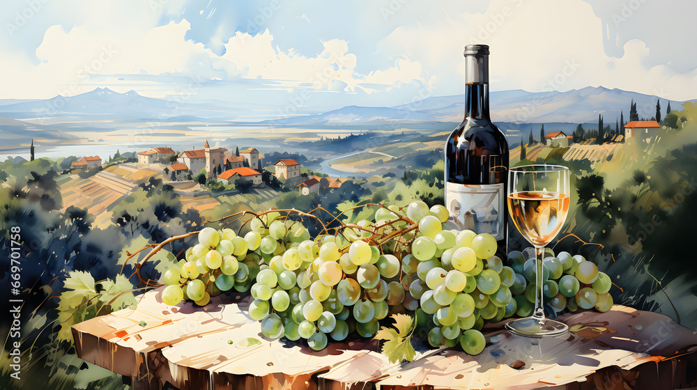 Wine and grapes on vineyard in Tuscany, Italy. Watercolor or aquarelle painting illustration.