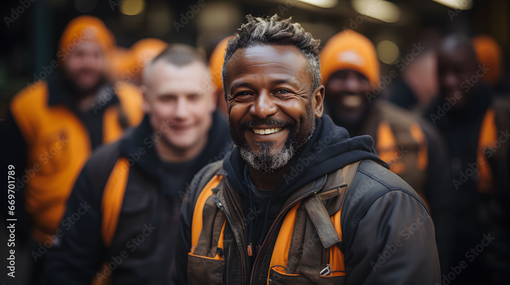 Portrait of smiling african american worker standing in construction site. Portrait of smiling factory worker in front of group of diverse workers.